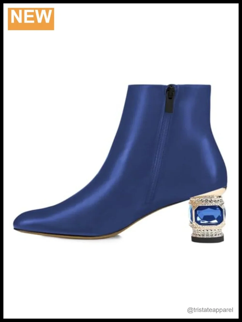 Women Crystal Block Low Heel Ankle Boots Round Toe Side Zipper Bootie